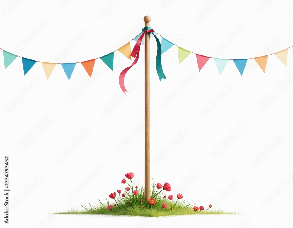 Festive Maypole with Bunting and Flowers - Spring Celebration