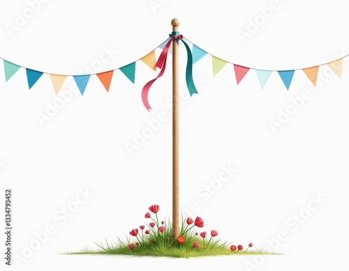Festive Maypole with Bunting and Flowers - Spring Celebration