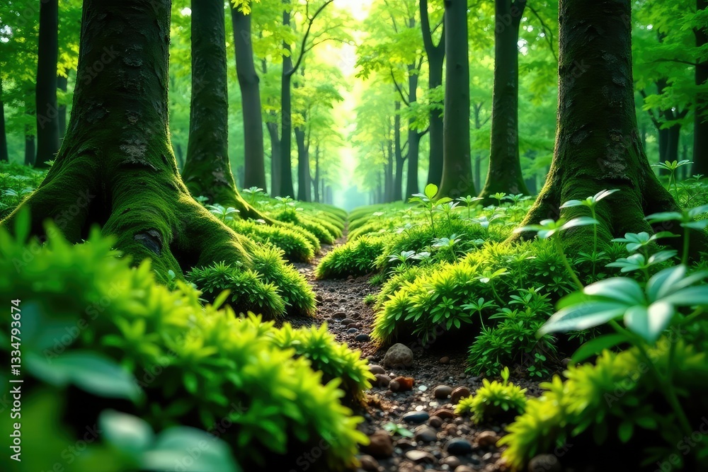 Fototapeta premium The forest floor is carpeted with soft moss and ferns in shades of green, forest floor, lush vegetation