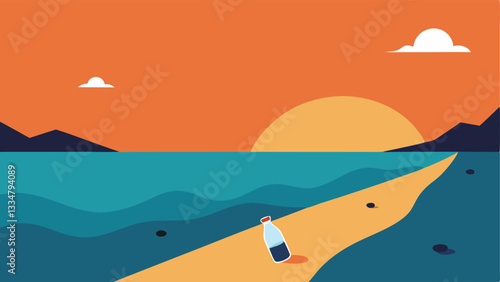 Plastic Erosion An showing a beach with a line of plastic debris eroding away into sand with the sun setting in the background emphasizing the longterm presence of plastic