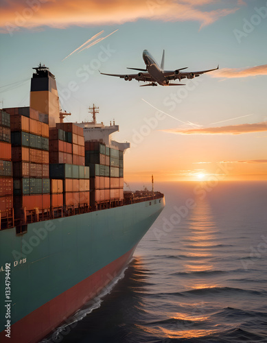 Container cargo freight ship in the sea and a commercial plans over the cargo ship in the sea at sunset, Generative AI 