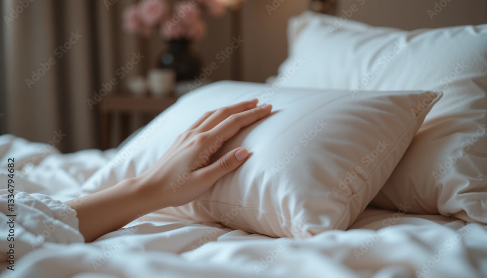 Relaxing spa scene with a hand resting on a soft pillow in a cozy bedroom