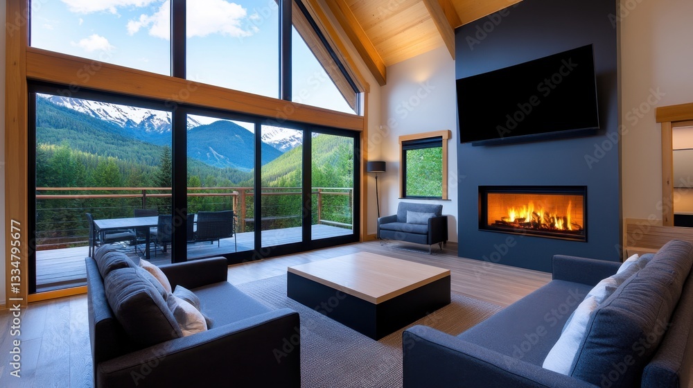 Naklejka premium Cozy cabin living room with a central fireplace, plush armchairs, and large glass windows that bring in the beauty of the surrounding mountain landscape.