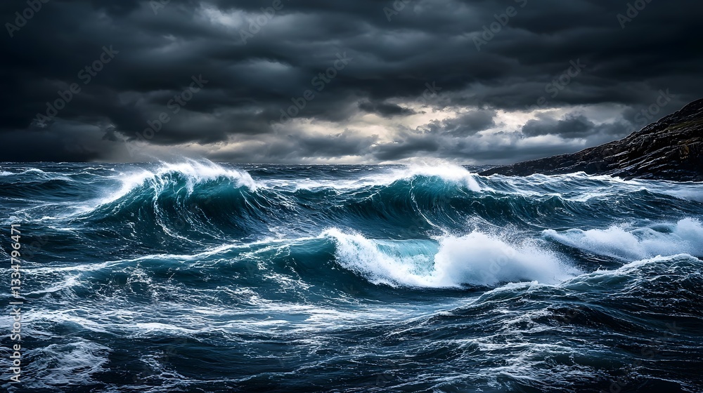 Stormy ocean waves crashing under a moody sky Stormy ocean waves crashing under a moody sky
