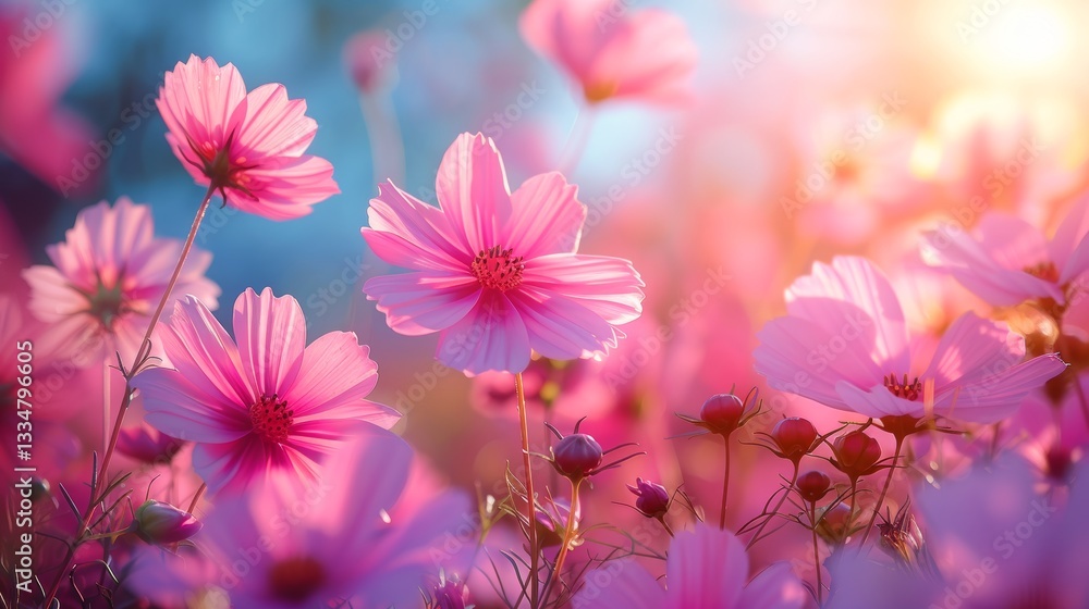 Fototapeta premium Gentle pink cosmos flowers gracefully dance in the warm sunlight, creating a dreamy and ethereal floral scenery with a soft bokeh background, embodying tranquility and natural beauty