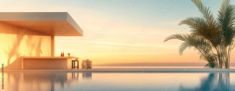 Obraz premium Aesthetic poolside relaxation in summer, summer aesthetic poolside relaxation, luxury aesthetic poolside relaxation in summer. Modern poolside villa under a serene sunset.