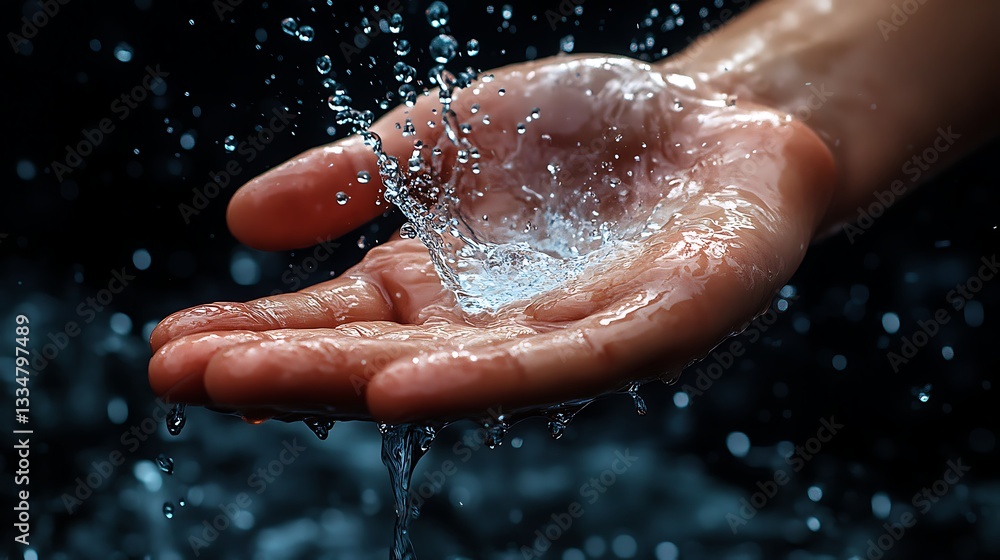 Fototapeta premium Water Splashing on a Hand Against a Dark Background