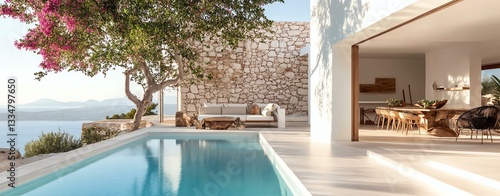 Aesthetic poolside relaxation in summer, summer aesthetic poolside relaxation, luxury aesthetic poolside relaxation in summer. Modern villa with pool and scenic view.
