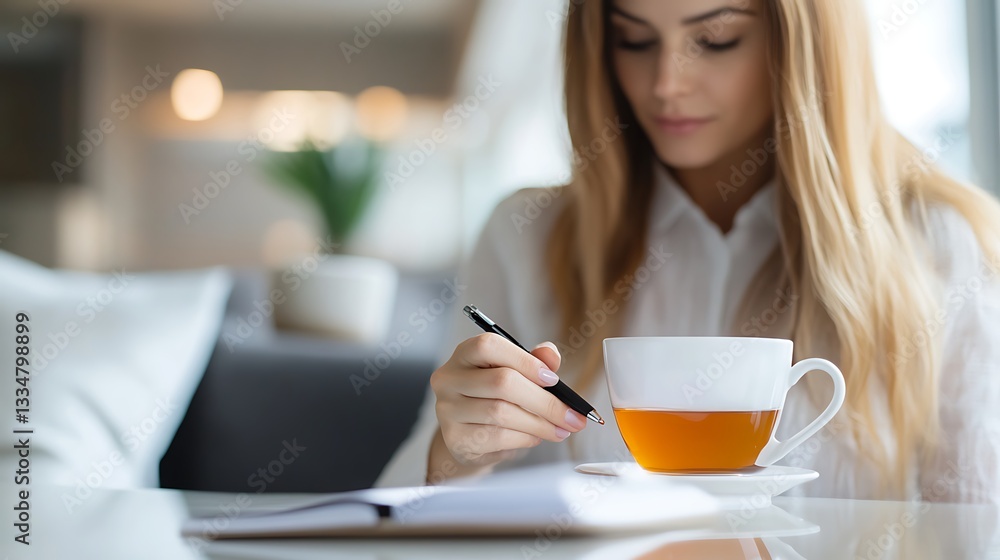 Woman in White Shirt Writing in Notebook with Tea at Home Woman in White Shirt Writing in Notebook with Tea at Home