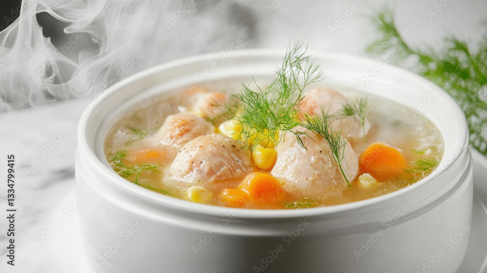 A steaming pot of chicken soup on white background. A steaming pot of chicken soup on white background.