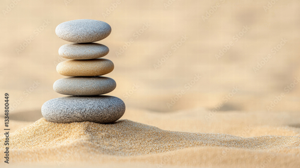 Balanced stones on sandy surface create serene and calming atmosphere Balanced stones on sandy surface create serene and calming atmosphere