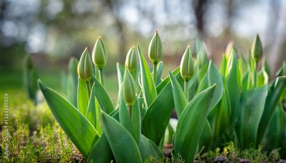 Fototapeta premium Green unopened tulips grow in spring garden closeup- 93206