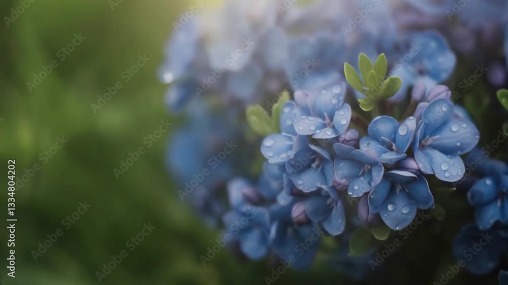 Close-up of blue flowers with water droplets on petals, surrounded by green foliage, in soft focus. Close-up of blue flowers with water droplets on petals, surrounded by green foliage, in soft focus.