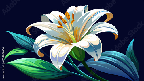 A beautiful blooming white lily stands elegantly against a contrasting black background creating a stunning panoramic image, summer, plant, vibrant, white lily, contrast, petal