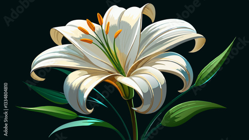 A beautiful blooming white lily stands elegantly against a contrasting black background creating a stunning panoramic image, summer, plant, vibrant, white lily, contrast, petal