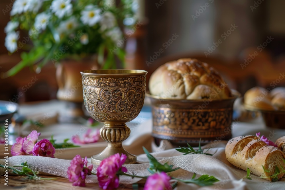 Fototapeta premium Golden ornate chalice and freshly baked artisan bread presented on a rustic wooden table adorned with delicate pink blossoms and a vase of daisies