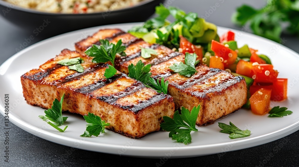 A beautifully presented plate of grilled salmon with fresh herbs and a vibrant side salad, showcasing a delicious and healthy meal. A beautifully presented plate of grilled salmon with fresh herbs and a vibrant side salad, showcasing a delicious and healthy meal.