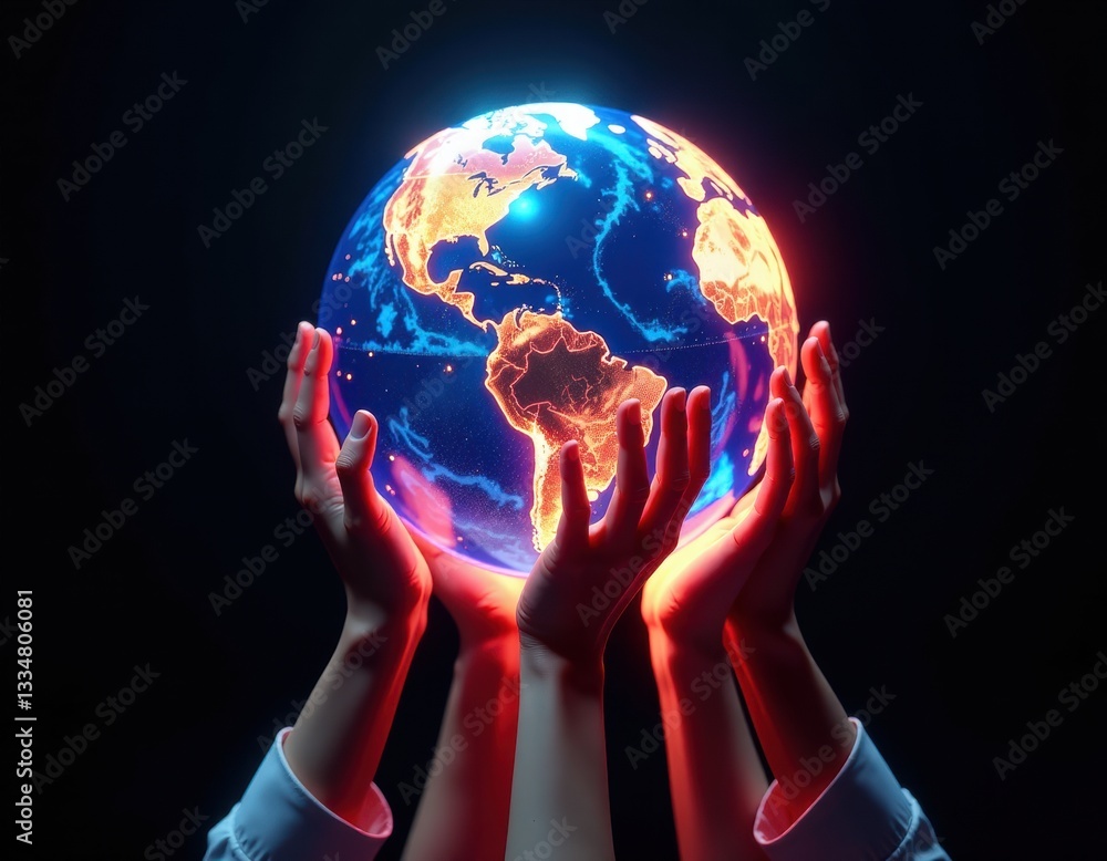Glowing Earth Globe Held in Hands - Global Connection, Sustainability, and Technology Concept