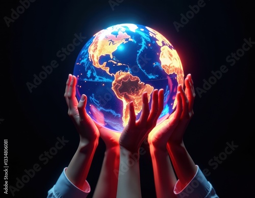 Obraz na płótnie Glowing Earth Globe Held in Hands - Global Connection, Sustainability, and Technology Concept w salonie