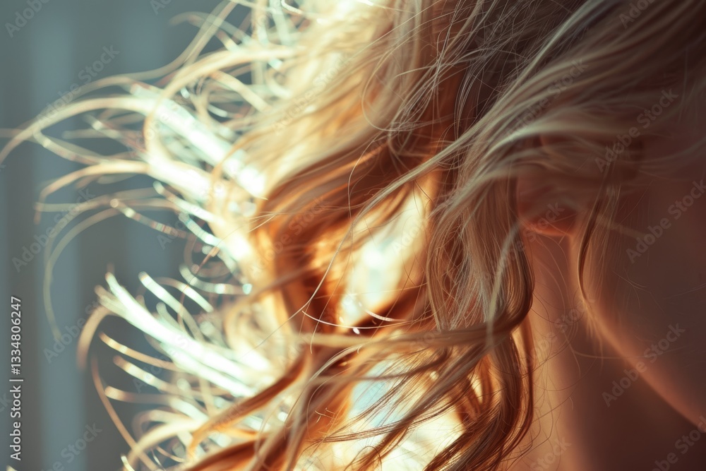 Naklejka premium Golden strands of blonde hair are illuminated by the bright sunlight, creating a soft and dreamy atmosphere with a warm and ethereal glow in an abstract close-up view