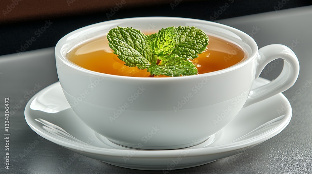 Close Up of a White Teacup with Amber Tea and Fresh Mint Leaves Close Up of a White Teacup with Amber Tea and Fresh Mint Leaves