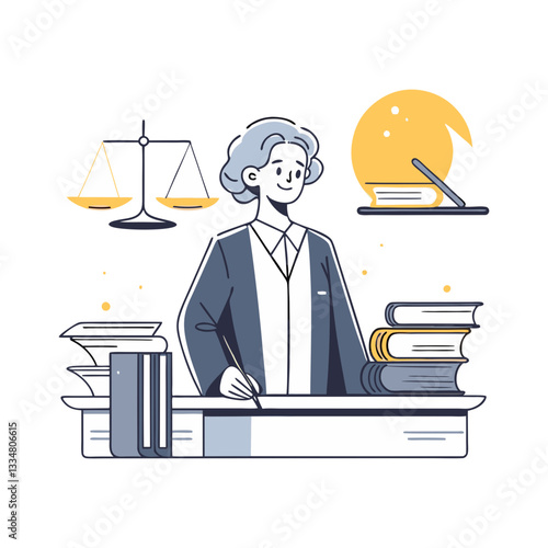 Judge vector with law books, scales of justice, and legal symbols. Minimalist and modern illustration symbolizing law, justice, legal authority, and courtroom decisions.