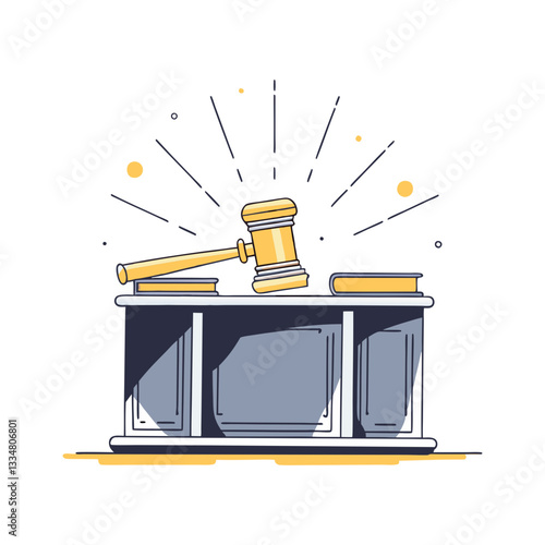 Judge's gavel vector on a desk with law books. Minimalist and modern illustration symbolizing justice, law, legal authority, and courtroom decisions.