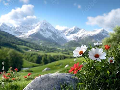 Fototapeta Naklejka Na Ścianę i Meble -  Lush alpine botanical garden with a kaleidoscope of colorful wildflowers blooming amidst majestic snow capped mountains and verdant rolling hills