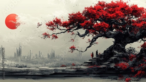 Crimson Tree, Distant Cityscape