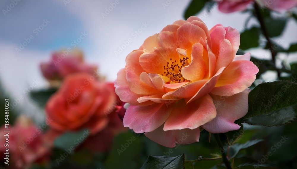 Distant Drums rose blooms - beautiful unique shrub rose with multi-tone flowers in the garden, orange, almost bronze center petals that fade to pink Distant Drums rose blooms - beautiful unique shrub rose with multi-tone flowers in the garden, orange, almost bronze center petals that fade to pink