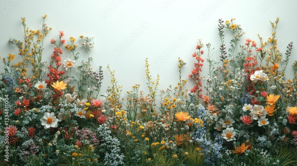 Colorful wildflowers blooming against a white background, studio shot