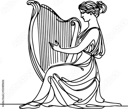 woman playing harp line art
