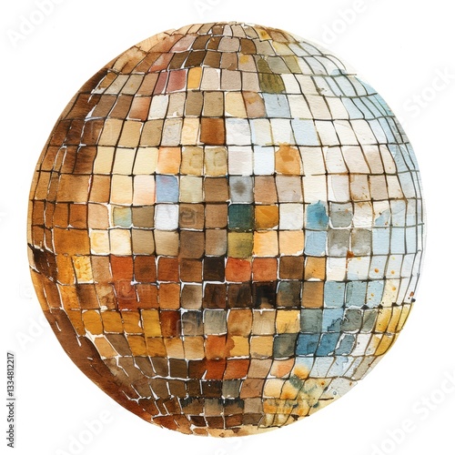 Hand painted watercolor illustration of a vintage disco ball with earthy tones and reflective surfaces isolated against a white background, evoking a retro party atmosphere