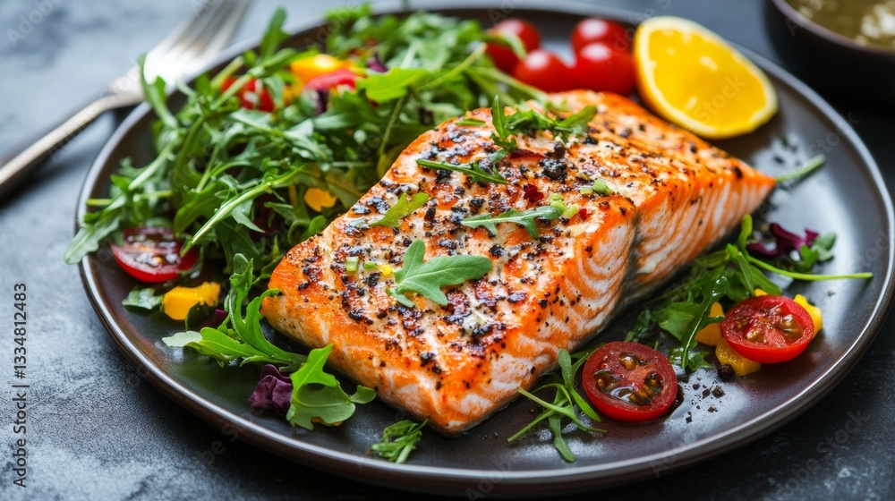 Grilled salmon fillet served with fresh salad and cherry tomatoes on a rustic table Grilled salmon fillet served with fresh salad and cherry tomatoes on a rustic table