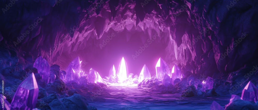 Fototapeta premium Glowing Purple Crystals in Enchanted Cavern Under Mysterious Light
