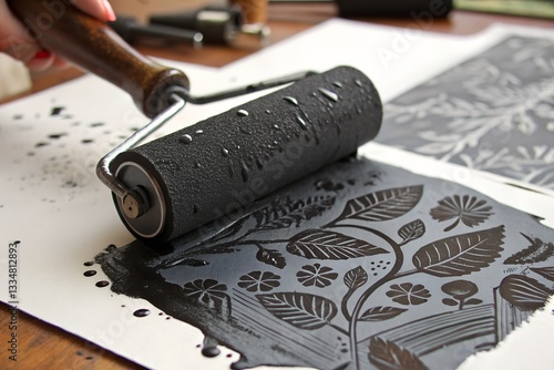 Lino Printing Process with Ink Roller and Block. Close-up of a hand using an ink roller for lino printing, applying black ink to a floral-carved linocut block on paper photo