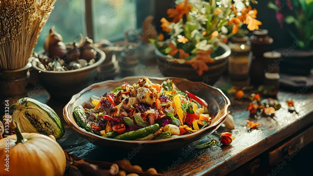 Colorful Autumn Harvest Salad on Rustic Wooden Table Colorful Autumn Harvest Salad on Rustic Wooden Table