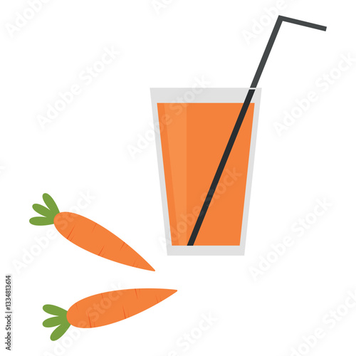 Glass of carrot juice with a straw and fresh carrots lying nearby. Isolated vector illustration.