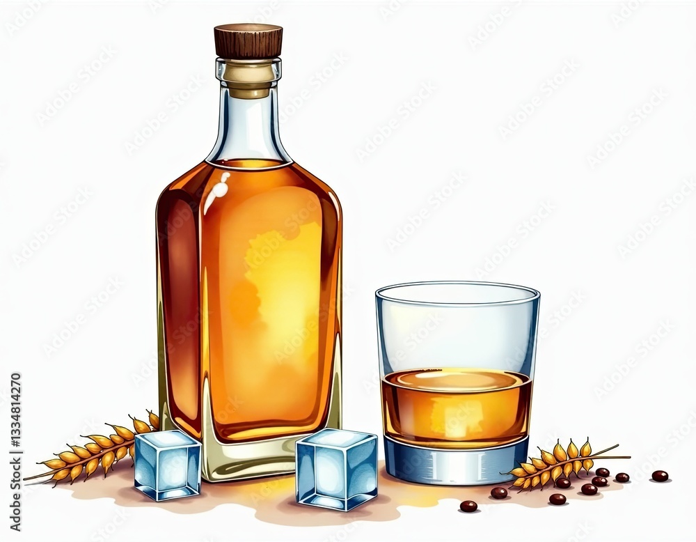 Whiskey Bottle and Glass with Ice Cubes and Wheat - Alcoholic Beverage Illustration
