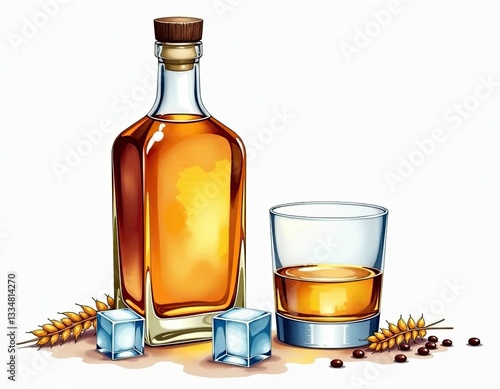 Whiskey Bottle and Glass with Ice Cubes and Wheat - Alcoholic Beverage Illustration