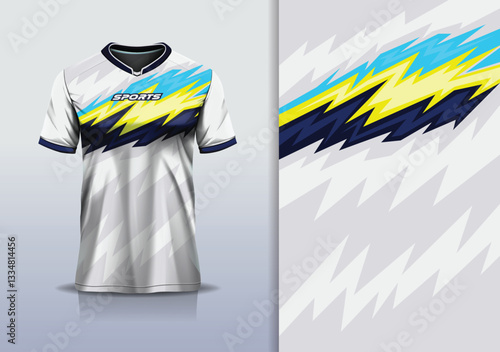 T-shirt mockup abstract stripe line jersey design for football, soccer, racing, esports, running, in gray blue yellow color