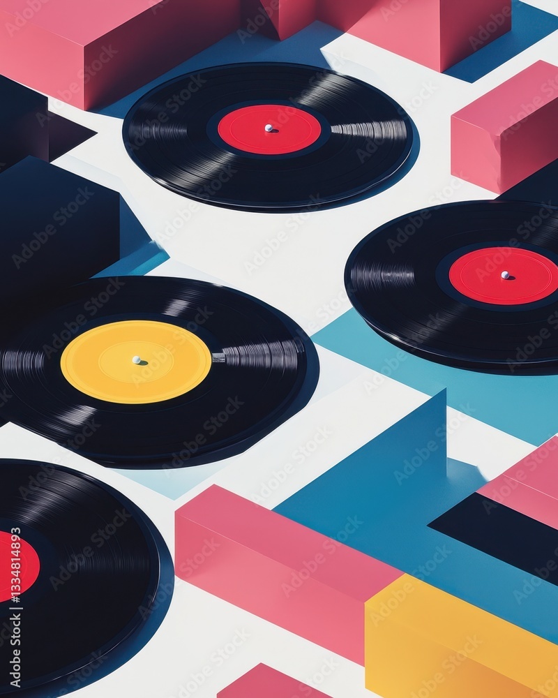 Fototapeta premium Colorful Vinyl Records on Geometric Shapes and Patterns for Music Lovers