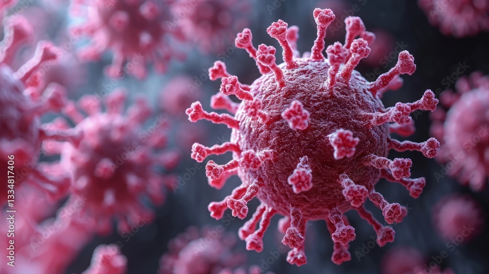 Highly detailed microscopic representation of a pathogenic virus with spiky projections, illustrating infectious disease and biological threat in a dark environment Highly detailed microscopic representation of a pathogenic virus with spiky projections, illustrating infectious disease and biological threat in a dark environment
