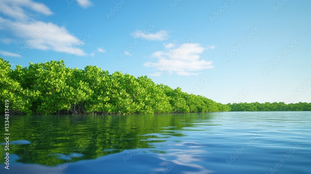Obraz premium A serene landscape featuring lush green mangroves reflecting in calm waters under a bright blue sky with fluffy clouds.
