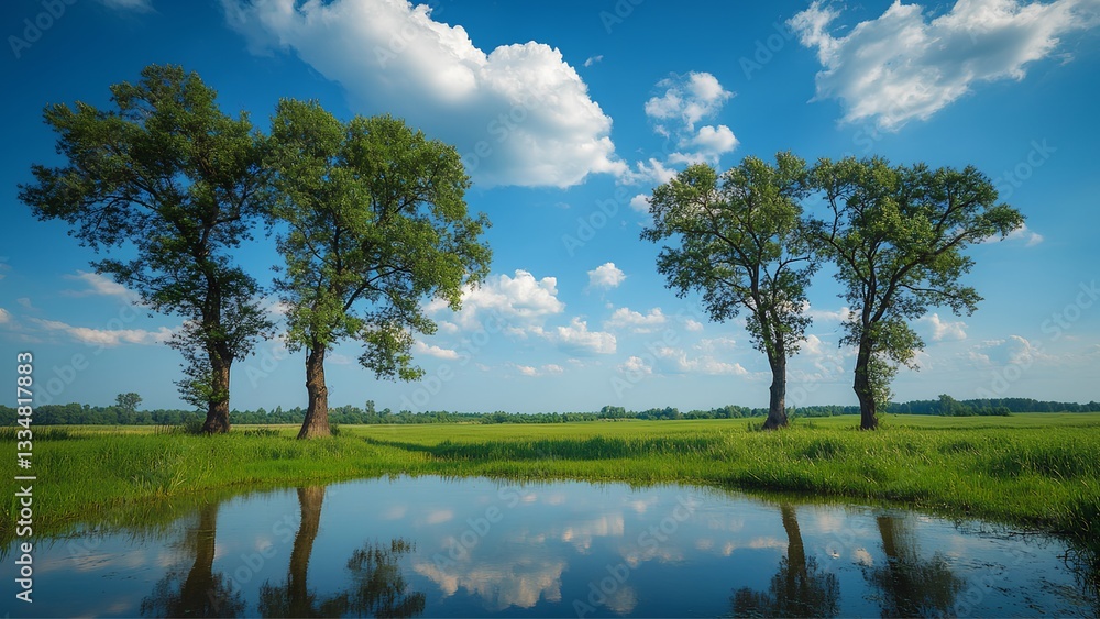 Tranquil Meadow Reflections: Serene Landscapes with Trees and Ponds Tranquil Meadow Reflections: Serene Landscapes with Trees and Ponds