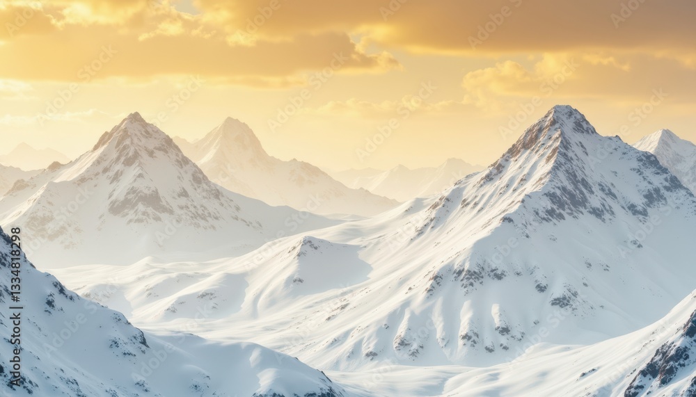 Gold on Ice: Depict icy mountains in stark white, contrasted against a luminous golden sky, with dramatic shadows and highlights that enhance the surreal effect. Gold on Ice: Depict icy mountains in stark white, contrasted against a luminous golden sky, with dramatic shadows and highlights that enhance the surreal effect.