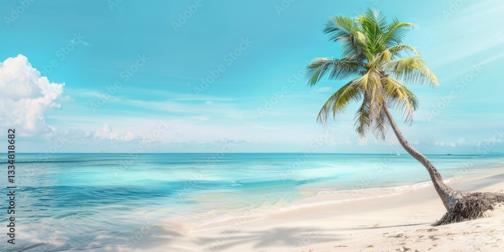 Obraz premium Idyllic tropical beach scene with a leaning palm tree, turquoise ocean, white sand, and a clear azure sky in the background