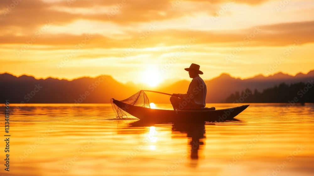 A serene silhouette of a fisherman casting a net on a tranquil lake during a vibrant sunset, depicting the beauty of nature and the simplicity of life. A serene silhouette of a fisherman casting a net on a tranquil lake during a vibrant sunset, depicting the beauty of nature and the simplicity of life.