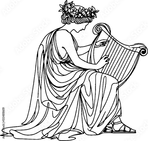 man playing harp line art