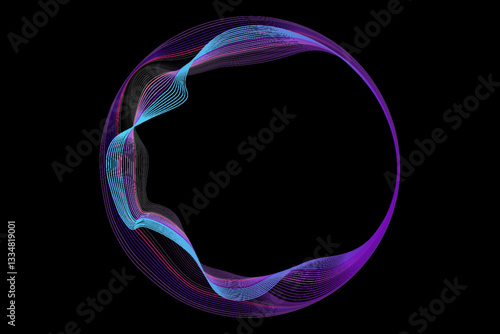 Vector abstract circles lines wavy in round frame colorful spectrum light isolated on black background with empty space for text in concept technology, digital. EPS 10